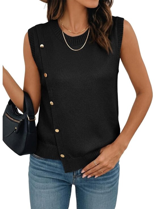 Jackets & Blazers - Women's Black Sleeveless Round Neck Casual Button Decoration Sweater Vest